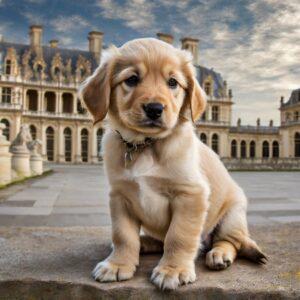 Chiot devant un château français